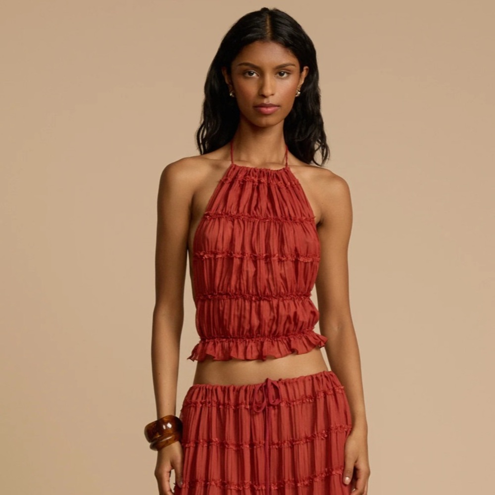 Women's Halter Neck Ruffled Top - Rust